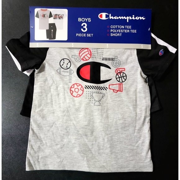 Champion Boys 3 Piece Set Polyester Tees Cotton Tee Short Grey & White Size 5 - Picture 2 of 5